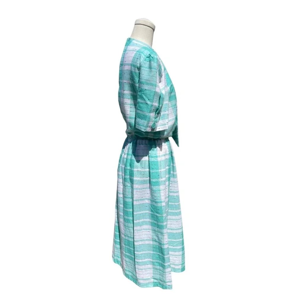 Vintage 80s Jackie Taub Aqua White Plaid Asymmetric Aline Day Dress Size 12 - Picture 4 of 6